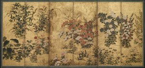 夏と秋の花、江戸時代（紙に金をかぶった色） 作： Japanese School