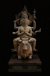 明王畏敬の念を起こさせる力（大徳明王）（水晶、金箔、金属を使った多色の木） 作： Japanese School
