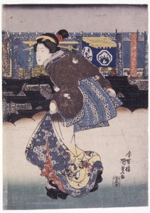 女性; 背景のバナーの俳優の名前 (カラー木版画) 作： School Japanese