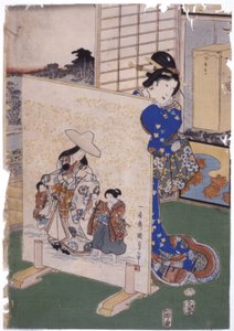 Mulher fica atrás de Tsuitate com pintura S. "Kunisada" (xilogravura colorida) 作： School Japanese