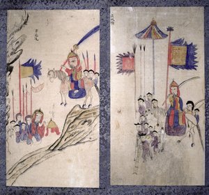 三国志を描いた八曲一双のパネル（紙に天然顔料） 作： 学校韓国語