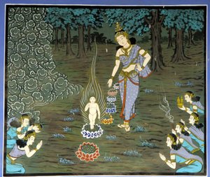 釈迦の誕生。韓国、水原地方の龍樹寺のフレスコ画。 作： School Korean