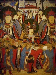 釈迦と菩薩が守護者に同行している様子を描いた巻物絵 朝鮮時代（1392～1896年）、クリー写真、大韓民国、ソウル国立博物館 作： School Korean