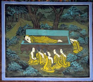 仏陀とその弟子たち。韓国、水原地方の龍樹寺のフレスコ画。