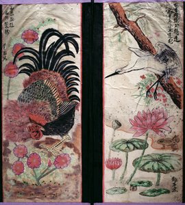 鳥と花を描いた八曲屏風2面（紙に天然顔料） 作： 学校韓国語