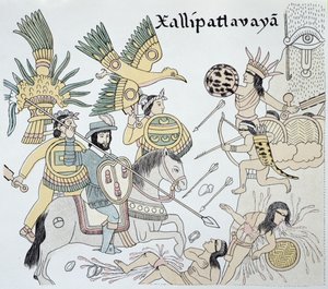 サリパトラバヤの戦いにおけるスペイン人とアステカ人の戦い（1550年頃のメキシコ・インディアン絵巻「Lienzo de Tlaxcala」の複製図より