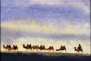 ラクダの群れ、モンゴル - モンゴルの水彩画