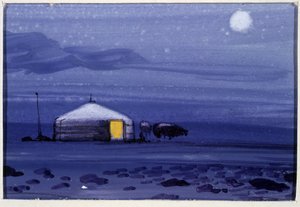 モンゴルのパオ、夜 - モンゴルの水彩画 作： School Mongolian