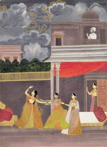 夜の嵐の中から連れてこられた女性：音楽モード「マドゥ・マダヴィ」のイラスト、1760年頃（紙にガッシュ 作： School Mughal