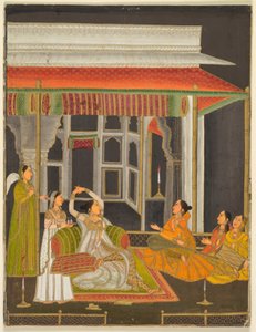 侍女とテラスにいる夜の王女（レクト）、書（裏面）、1760年頃（不透明水彩、金彩、紙）