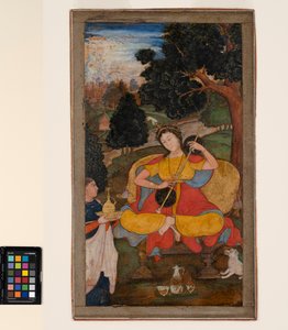 座った女性がヴィーナを弾き、召使がそれを待つ 1590年頃 作： School Mughal
