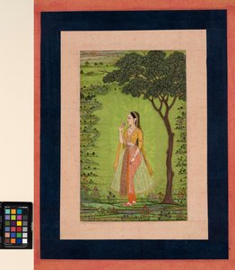 木のそばに立って、花を持っている女性、c.1720（不透明w - c、紙に金）