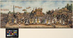 アクバル2世は、1835年頃の巨大な行列で象に乗ります（不透明な水彩画と象牙の金）