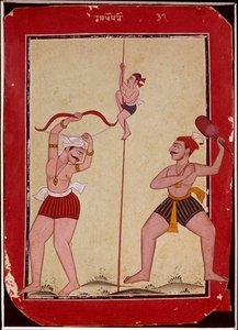 トレーニング中の3人の選手（ロープ、アーチェリー、スノーシューゲーム）（ミニチュア 作： School Mughal