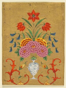 生花と巻物文花瓶 1750-1800年頃 （不透明水彩、金彩、紙） 作： School Mughal