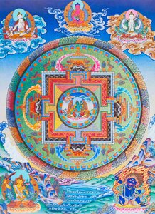 Mandala de Tara Verde retratando a protetora materna de todos os perigos no oceano da existência (guache sobre tecido)