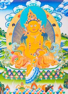 Image depicting Dzambhala, the yellow Dzambhala is the manifestation of the Buddha Ratnasambhava symbolising wealth in the materialistic world (gouache on cloth)   1461302   ja       japanese Successfully Translated  Original: The Black, plate 6 of portfol