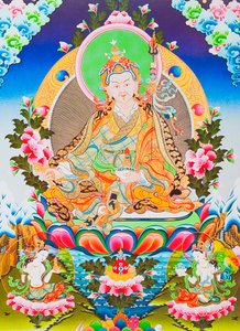 パドマサンバヴァまたはグル リンポチェを描いた画像。チベットのタントラ主義の神格化された使徒であり、悪魔や精霊に対する支配を得たと言われています (布にグワッシュ)