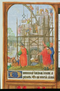 追加 35313 f.34 バベルの塔、ブルージュまたはゲントの建物、1500 年頃 (ベラム) 作： School Netherlandish
