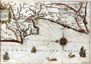 1592年にライデンで印刷されたLuca J. Waghenaer Treesor of zeevaertのポーチュランにちなんで、ポルトガルの端にあるサグレス岬（または聖なる岬）を描いたもの。 作： School Netherlandish