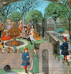 Harl 4425 f.12v 庭のシーン、庭の壁の外の恋人と女性のオイセウス (怠惰)、「Roman de la Rose」、ブルージュ、c.1490-1500 (ベラム)