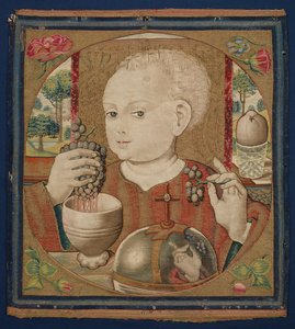 聖体のワインを押す幼いキリスト 1500年頃 （縦糸にリネン、横糸にウール、シルク、金箔を使用している 作： School Netherlandish