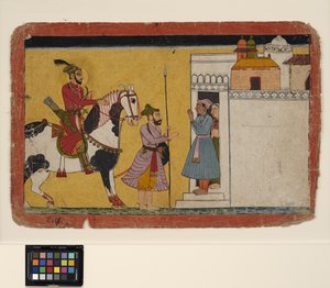 王子の狩猟は家のドアで止まります、c.1700（不透明なw - cと紙に金） 作： School Pahari
