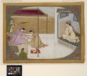 愛人の準備をスパイしている王子、1800年頃（不透明な水彩画と紙に金） 作： School Pahari