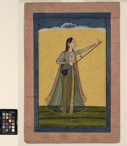 女性がタンブラを調整する、1740年頃（紙に不透明な水彩画） 作： School Pahari