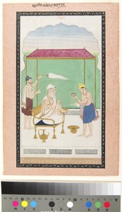 ランジート・シンは金の椅子に座り、アミガサタケの担い手が付き添い、1830年頃にwiを提供しました（不透明なw - cと紙に金） 作： School Pahari
