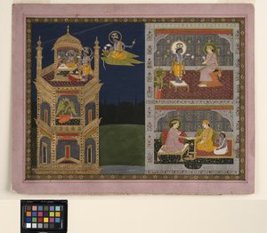 ヴィシュヌは1825年頃、ガルーダの黄金の塔に近づきます（不透明な水彩画と紙に金色） 作： School Pahari