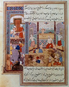 ハマムにいる男性のグループ ペルシャの細密画、パリ、B.N. 写本2743より 作： School Persian