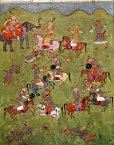 イスラム美術：戦闘シーン。フェルダウシ（Ferdawsi, or Firdousi, ca. 940-around 1020）の叙事詩「シャーナメ」（Shah Nama, Shahnama）（王の書）の写本に描かれたペルシャの細密画。 作： School Persian