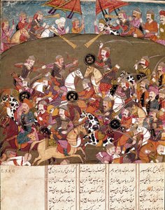 イスラム美術：戦闘シーン。フェルダウシ（Ferdawsi, or Firdousi, ca. 940-around 1020）の叙事詩「シャーナメ」（Shah Nama, Shahnama）（王の書）の写本に描かれたペルシャの細密画。 作： School Persian