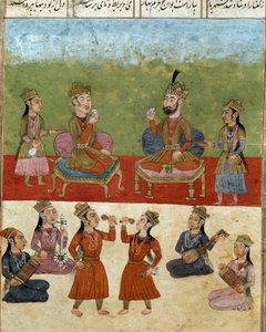 イスラム美術：ハレムでのコンサートや娯楽。フェルダウシ（Ferdawsi, or Firdousi, ca. 940-around 1020）の叙事詩「シャーナメ」（Shah Nama, Shahnama）（王の書）の写本からのペルシャ語の細密画 作： School Persian