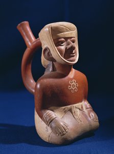 跪いた女性の形をした壺、モーチカ、西暦200～800年、（陶磁器 作： School Peruvian