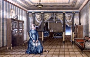 新古典主義的な居間のインテリアの中のスピンスター 1835年頃（水彩・高彩・紙 作： School Russian