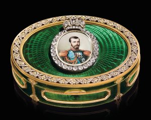ニコライ2世の水彩画のミニチュアが入った宝石で飾られた嗅ぎタバコの箱、c。 1890年（宝石、金、エナメル、象牙、水彩）