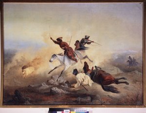 略奪攻撃。 1830年から1860年にかけて、ロシア軍と白人の戦闘機の間で、ダゲスタン（ダゲスタン）の山での馬に乗った戦いと追跡。ロシアの巨匠による絵画、キャンバスに油彩。 ロシア美術 作： School Russian