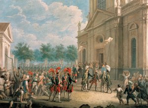 1762 年 6 月 28 日、カザン大聖堂 (サンクトペテルブルク) の階段でエカテリーナ 2 世 (1729-1796) が王位に就いた日、聖職者に歓迎された。 o の日に聖職者によって 作： School Russian