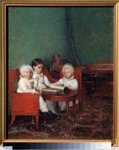インテリアの子供たち。 匿名の絵。 キャンバスに油彩、25.2 x 20.6 cm