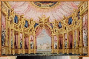 吹き抜けのあるホール。 演劇の準備装飾。 ロシアの巨匠の作品、キャンバスに描かれたテンペラ 作： School Russian