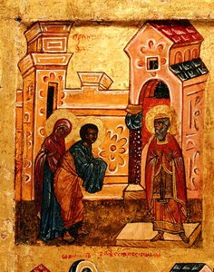 エルサレムの神殿を訪れたヨアヒムとアンナを描いたイコン 1550年頃 パネルにテンペラと金箔 （314500の細部 作： School Russian