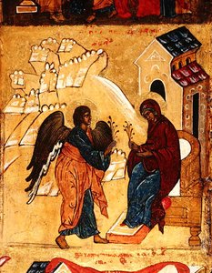 受胎告知を描いたイコン 1550年頃 パネルにテンペラと金箔 （314500の細部 作： School Russian