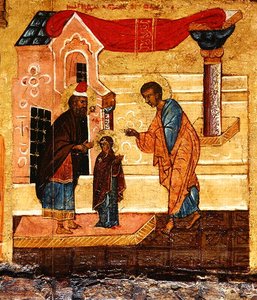 未亡人ヨセフに託された聖母を描いたイコン 1550年頃 パネルにテンペラと金箔 （314500の細部 作： School Russian