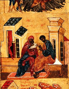 聖母と両親ヨアヒムとアンナを描いたイコン 1550年頃 パネルにテンペラと金箔 （314500の細部 作： School Russian