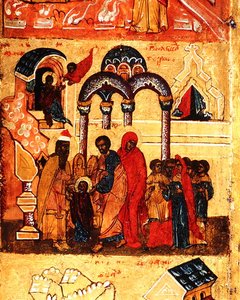 聖母の幼少期と神への奉納を描いたイコン 1550年頃 パネルにテンペラと金箔 （314500のディテール 作： School Russian