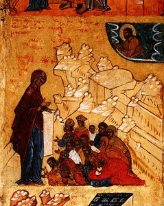 1155年にアンドレイ・ボゴリブスキー王子に聖母が奇跡的に出現した様子を描いたイコン 1550年頃 パネルにテンペラと金箔 （314500の細部 作： School Russian