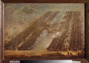 1709 年 7 月 8 日のポルタヴァ (プルタワ) の戦い。 (大北方戦争 (1700-1721)、ロシア国ピョートル 1 世 (1672-1725) の軍とカール (カール) 12 世の軍) の間の騎兵隊の衝突。スウェーデン (1682-1718) の絵画 作： School Russian