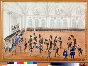 ガードパレード。 匿名の絵。 紙に水彩、1820 年頃。ロシアの芸術、風刺。 A. プーシキン記念博物館、サンクトペテルブルク。 作： School Russian